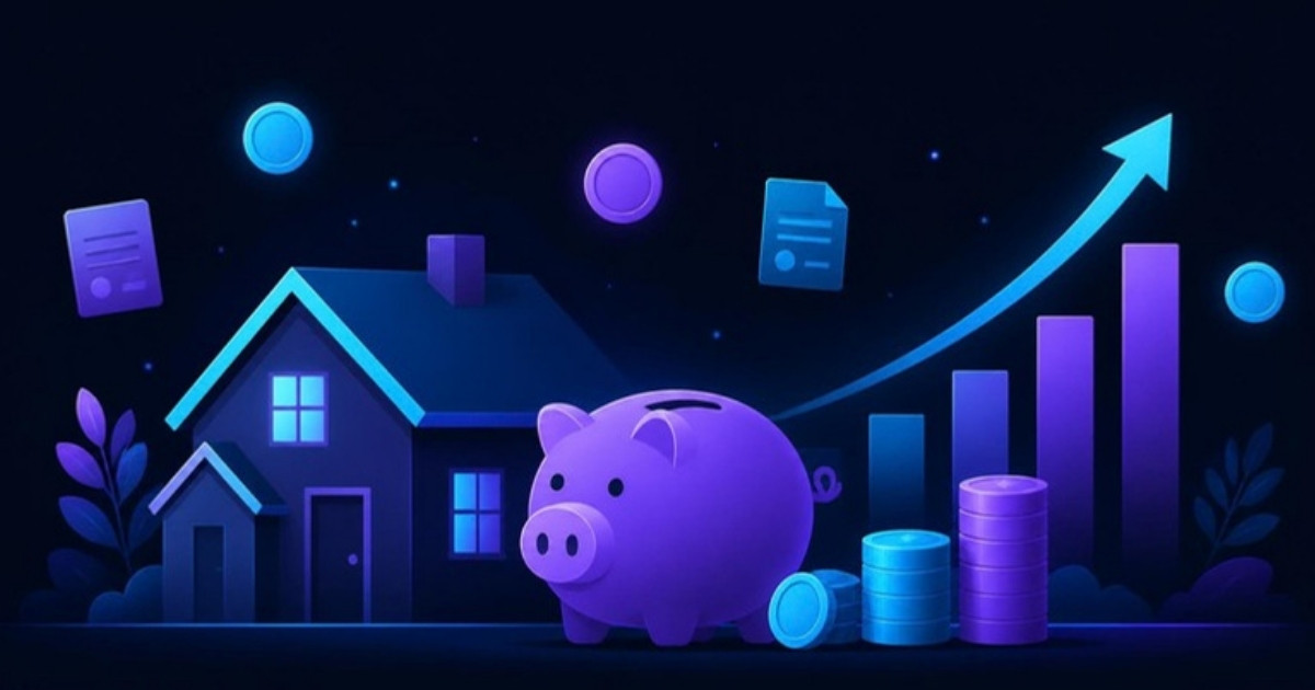 Illustration of a house, a piggy bank and a rising chart