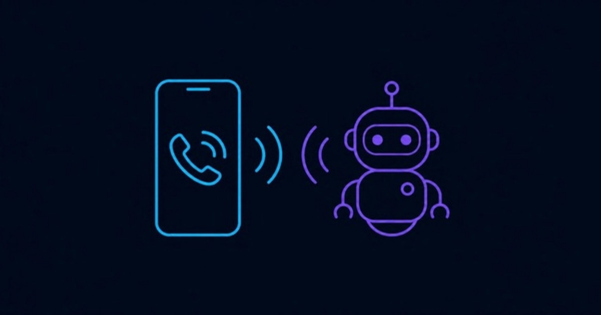 イラスト：受話器の印が出ているスマートフォンと、小さいロボットの間に、音の波の線が並んでいる