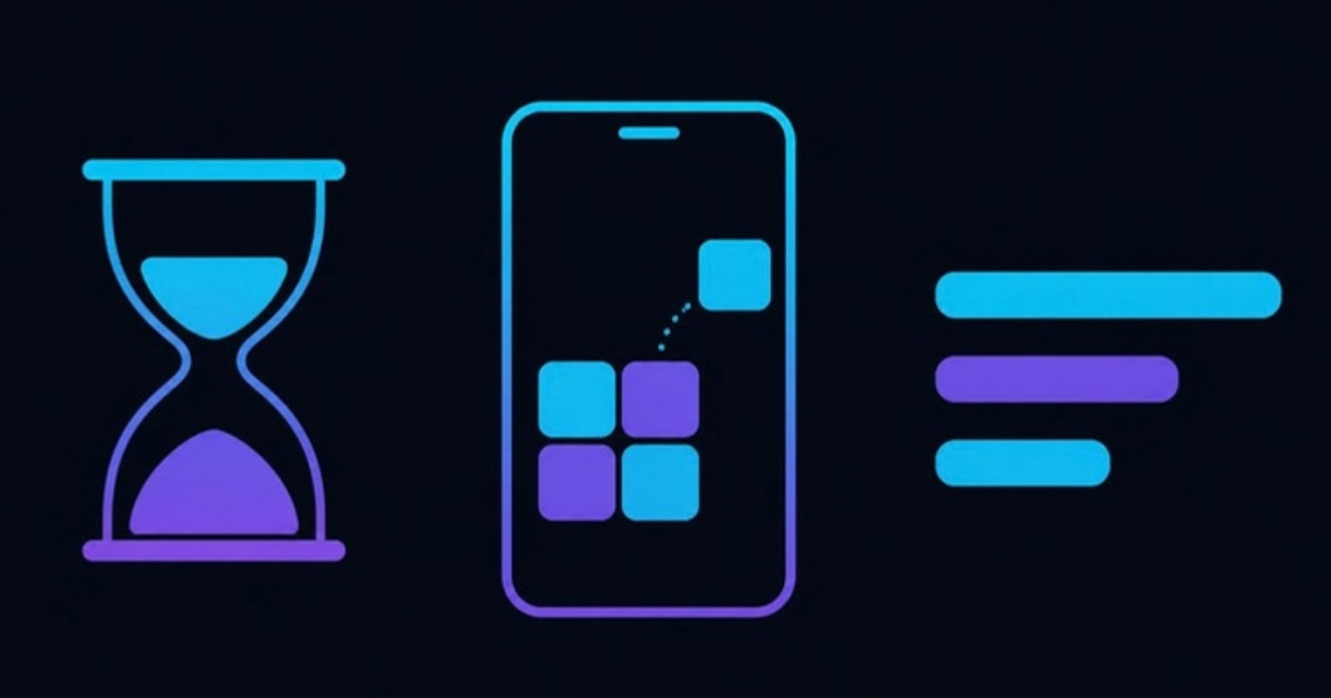 イラスト:砂時計と、四角い箱を組み立てているスマホの画面と、長さの違う 3本の横の棒