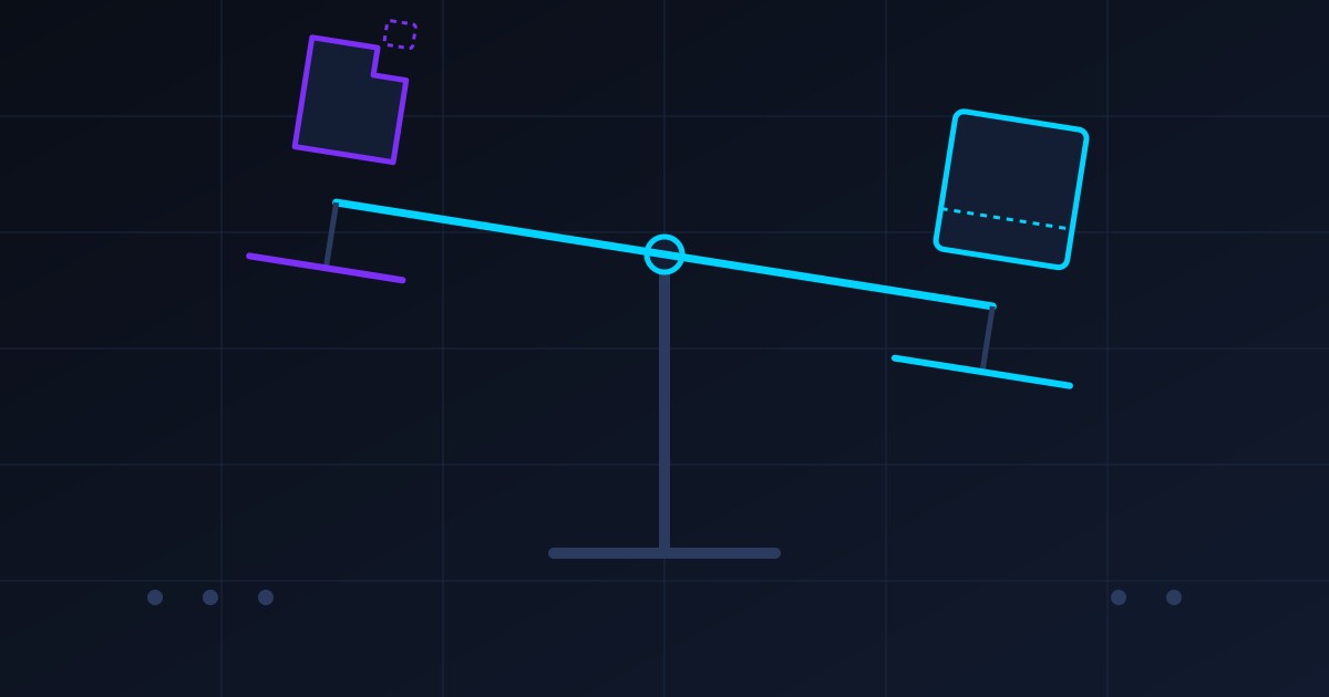 Illustration: a tilted balance holding a small block with a piece missing and a larger block