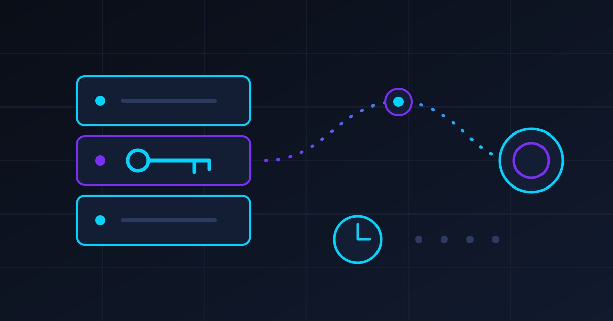 Illustration: a server rack holding a key, a circle joined by a dotted line, and a clock